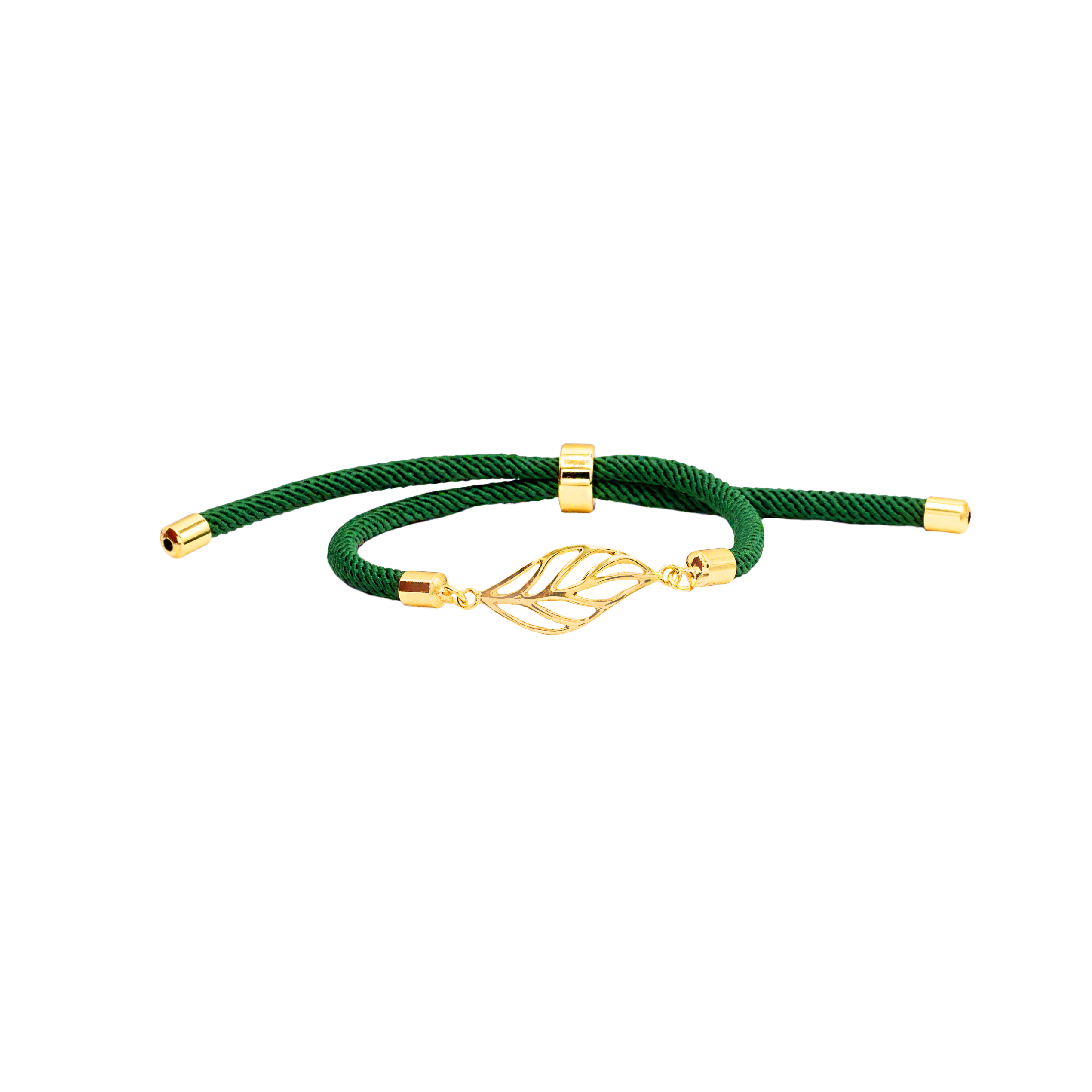 دستبند برگ تو خالی و بند طنابی سبز - الی گلد گالری