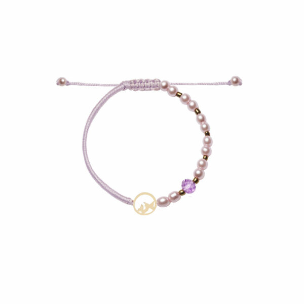 دستبند دایره و دو پروانه بافت و مروارید یاسی