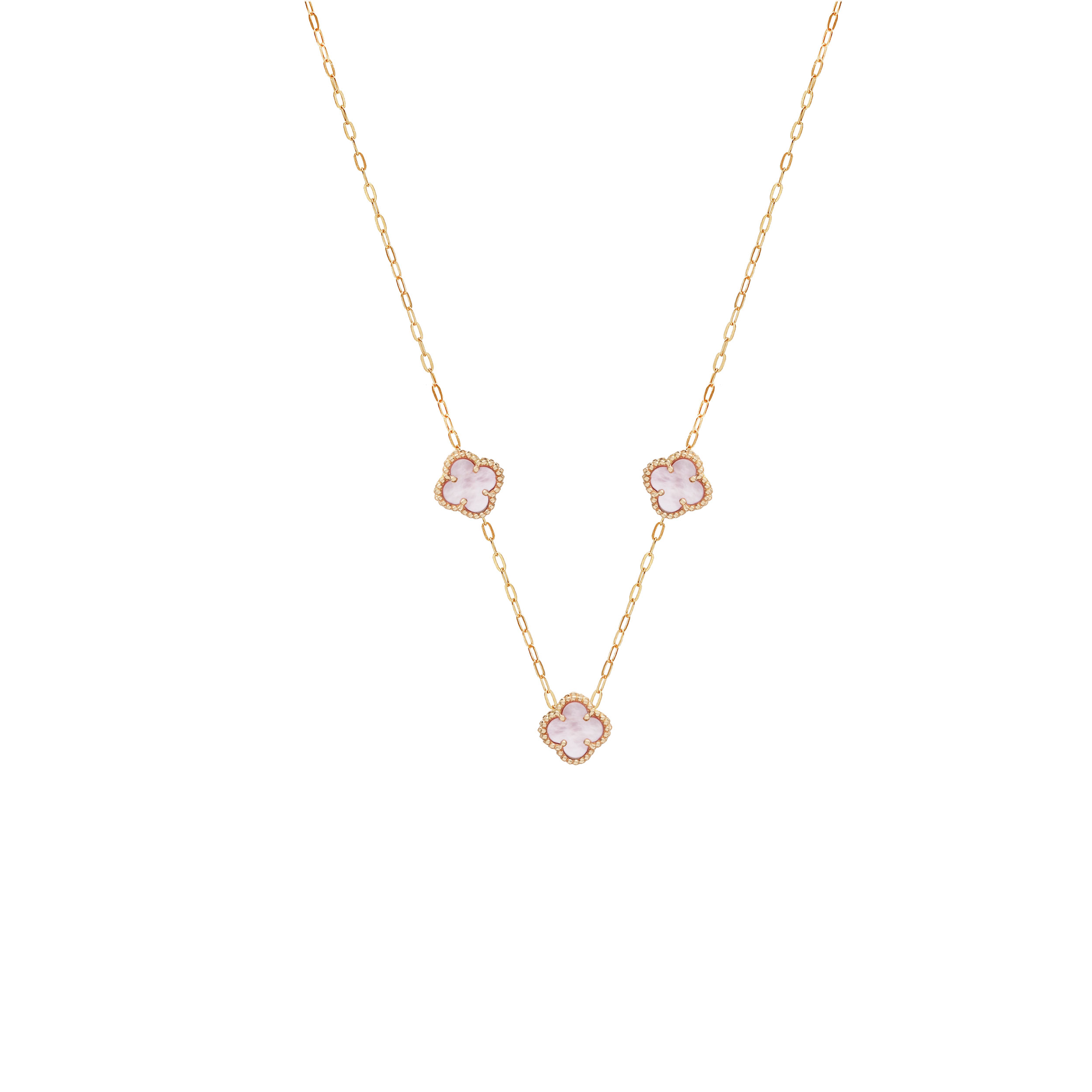 gardanband-tarh-vancleef-light-pink-3-kochik-jadid گردنبند طرح ونکلیف لایت پینک سه تایی کوچک جدید